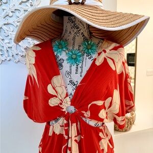 Angie Red and Cream Floral Tie-Front Blouse